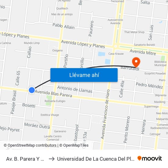 Av. B. Parera Y Calle Tripoli to Universidad De La Cuenca Del Plata - Sede Posadas map