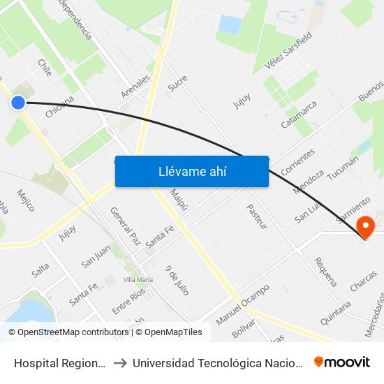 Hospital Regional Luis Pasteur to Universidad Tecnológica Nacional - Facultad Regional Villa María map