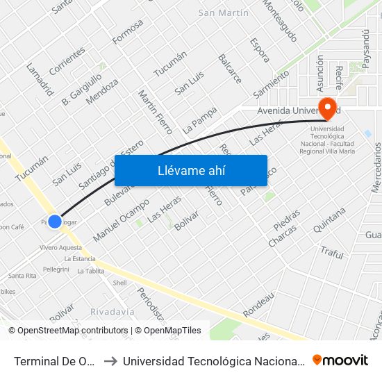 Terminal De Omnibus to Universidad Tecnológica Nacional - Facultad Regional Villa María map