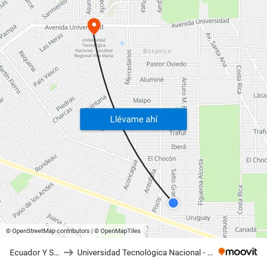 Ecuador Y Salto Grande to Universidad Tecnológica Nacional - Facultad Regional Villa María map