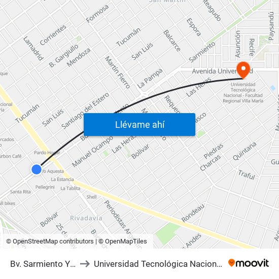Bv. Sarmiento Y Carlos Pellegrini to Universidad Tecnológica Nacional - Facultad Regional Villa María map