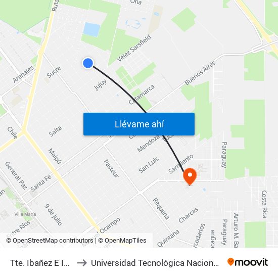 Tte. Ibañez E Intendente Reyno to Universidad Tecnológica Nacional - Facultad Regional Villa María map