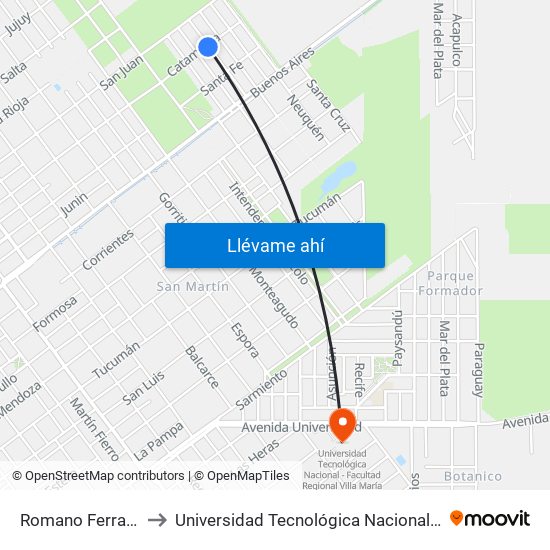 Romano Ferrary  Y Catamarca to Universidad Tecnológica Nacional - Facultad Regional Villa María map