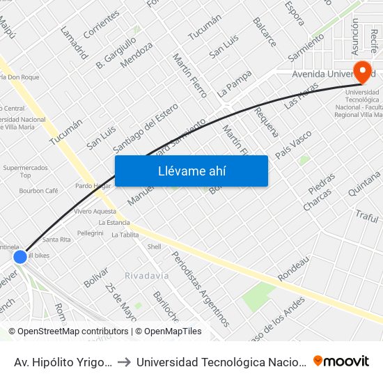 Av. Hipólito Yrigoyen Y Bv. Sarmiento to Universidad Tecnológica Nacional - Facultad Regional Villa María map