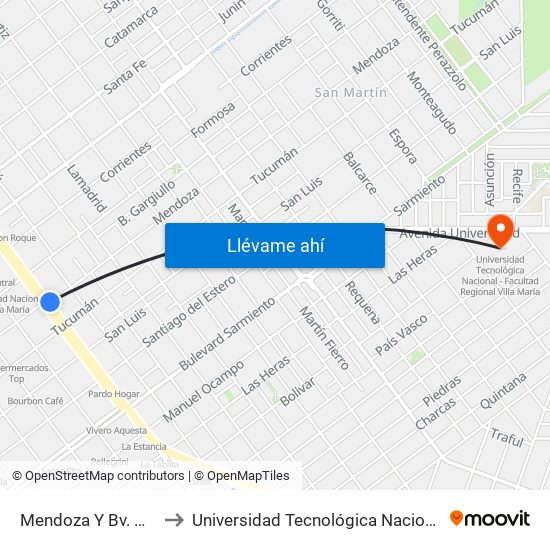 Mendoza Y Bv. Marcelo T. De Alvear to Universidad Tecnológica Nacional - Facultad Regional Villa María map