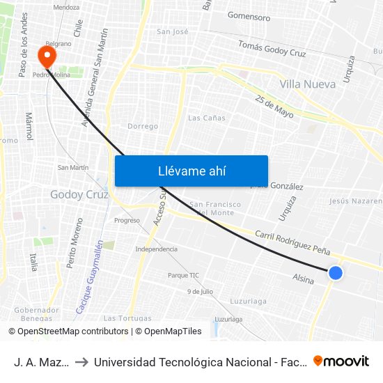 J. A. Maza, 3880 to Universidad Tecnológica Nacional - Facultad Regional Mendoza map