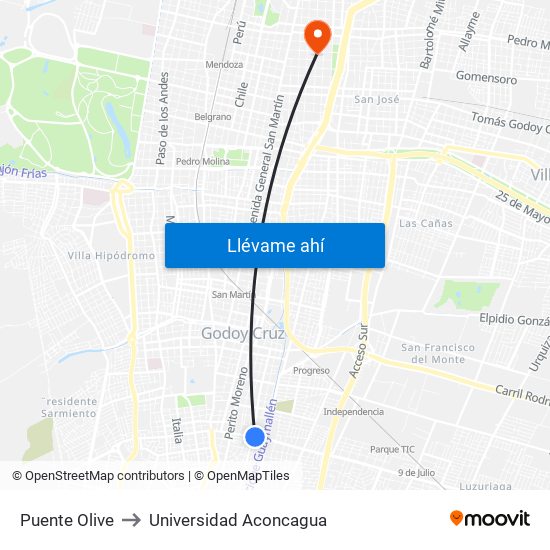 Puente Olive to Universidad Aconcagua map
