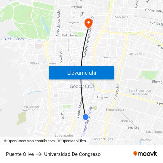Puente Olive to Universidad De Congreso map