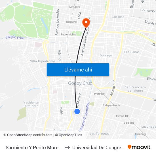 Sarmiento Y Perito Moreno to Universidad De Congreso map