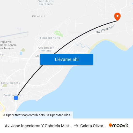 Av. Jose Ingenieros Y Gabriela Mistral to Caleta Olivares map