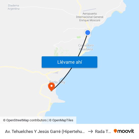 Av. Tehuelches Y Jesús Garré (Hipertehuelche) to Rada Tilly map