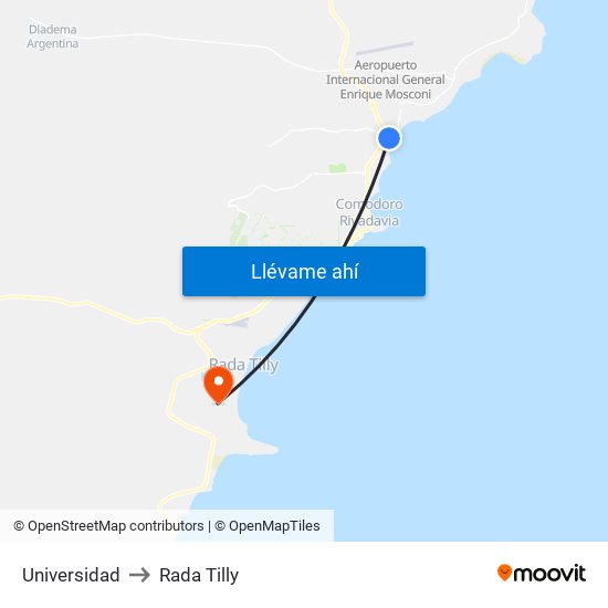 Universidad to Rada Tilly map