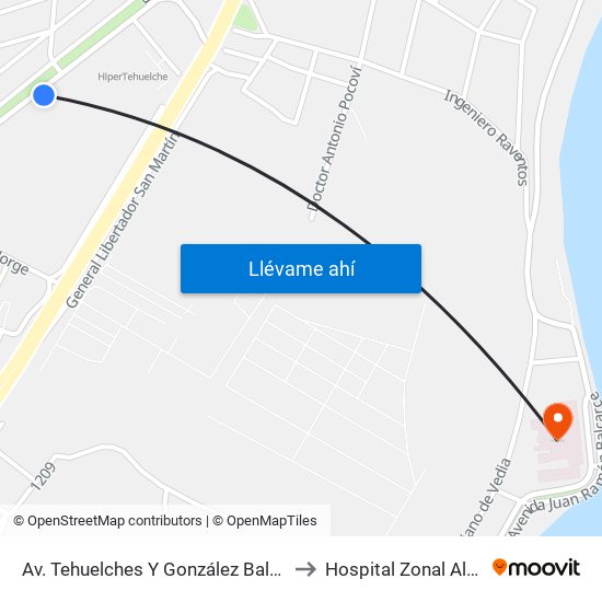 Av. Tehuelches Y González Balcarce to Hospital Zonal Alvear map