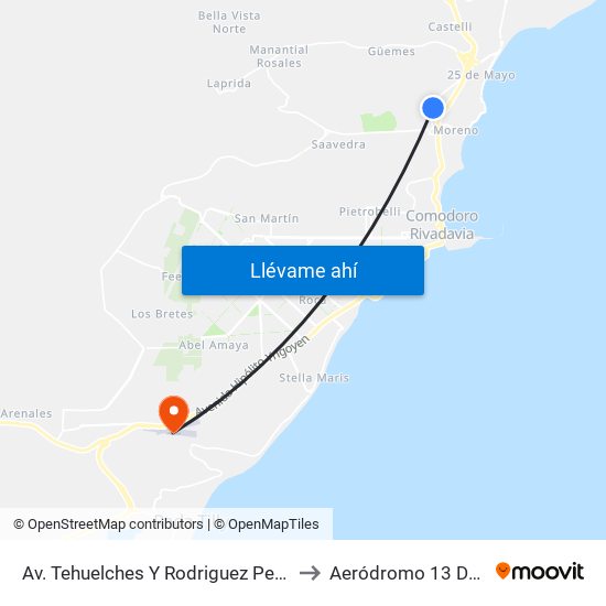 Av. Tehuelches Y Rodriguez Peña (Banco Chubut) to Aeródromo 13 De Diciembre map