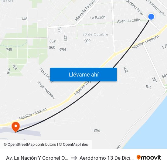 Av. La Nación Y Coronel Olavarria to Aeródromo 13 De Diciembre map