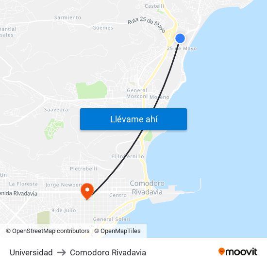 Universidad to Comodoro Rivadavia map