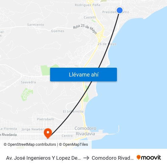 Av. José Ingenieros Y Lopez De Vega to Comodoro Rivadavia map