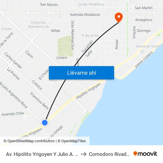 Av. Hipólito Yrigoyen Y Julio A. Roca to Comodoro Rivadavia map