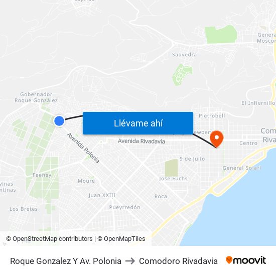 Roque Gonzalez Y Av. Polonia to Comodoro Rivadavia map