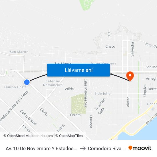 Av. 10 De Noviembre Y Estados Unidos to Comodoro Rivadavia map