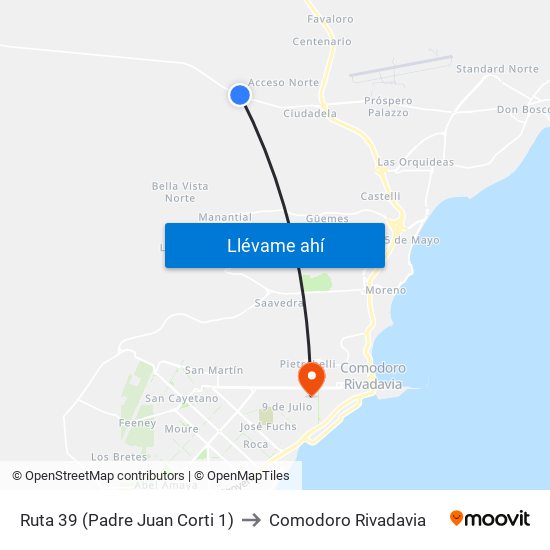 Ruta 39 (Padre Juan Corti 1) to Comodoro Rivadavia map