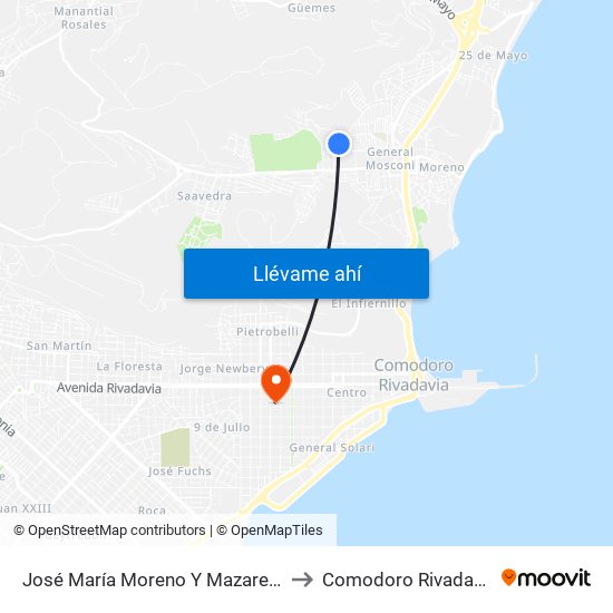 José María Moreno Y Mazaredo to Comodoro Rivadavia map