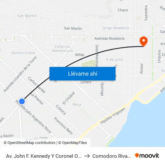 Av. John F. Kennedy Y Coronel Olavarría to Comodoro Rivadavia map