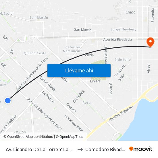 Av. Lisandro De La Torre Y La Plata to Comodoro Rivadavia map