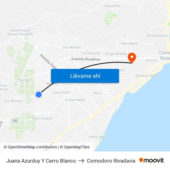 Juana Azurduy Y Cerro Blanco to Comodoro Rivadavia map