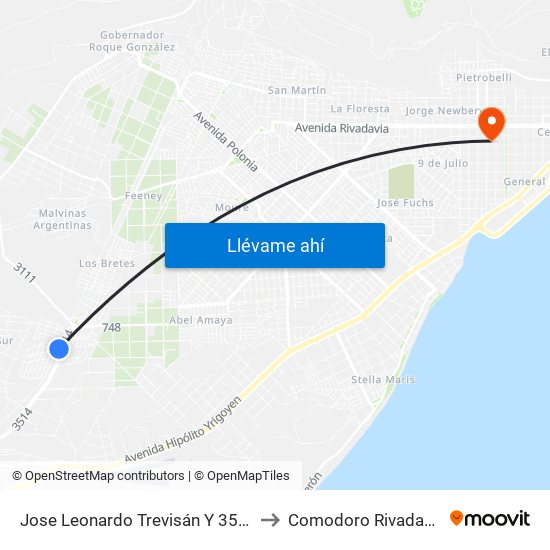 Jose Leonardo Trevisán Y 3515 to Comodoro Rivadavia map