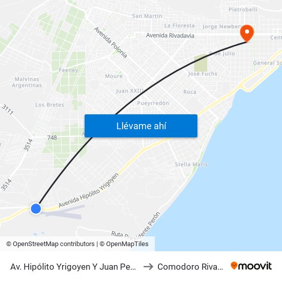 Av. Hipólito Yrigoyen Y Juan Pessolano to Comodoro Rivadavia map