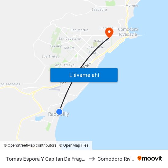 Tomás Espora Y Capitán De Fragata Moyano to Comodoro Rivadavia map