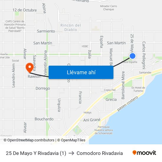25 De Mayo Y Rivadavia (1) to Comodoro Rivadavia map