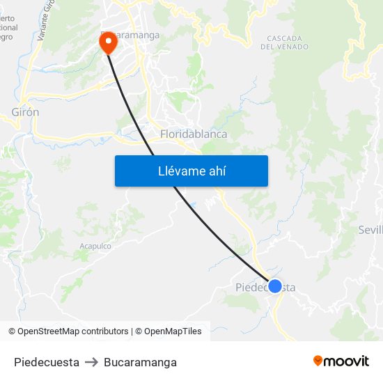 Piedecuesta to Bucaramanga map