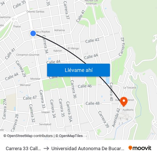 Carrera 33 Calle 38 to Universidad Autonoma De Bucaramanga map