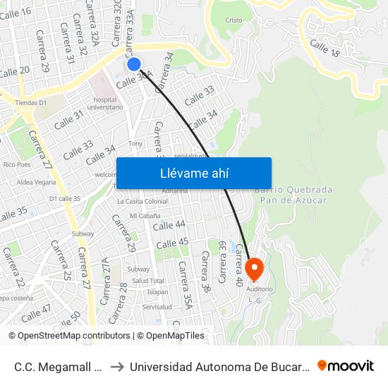 C.C. Megamall (S-N) to Universidad Autonoma De Bucaramanga map