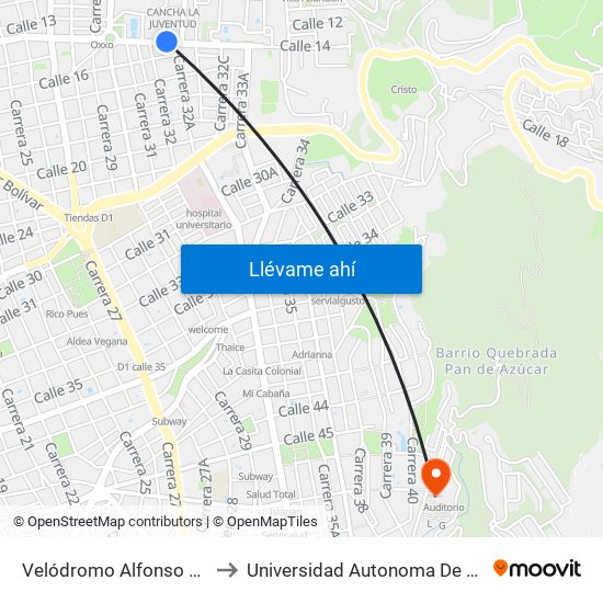 Velódromo Alfonso Florez Ortiz to Universidad Autonoma De Bucaramanga map