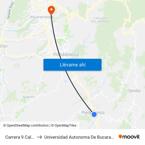 Carrera 9 Calle 7 to Universidad Autonoma De Bucaramanga map