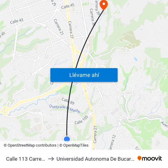 Calle 113 Carrera 22 to Universidad Autonoma De Bucaramanga map
