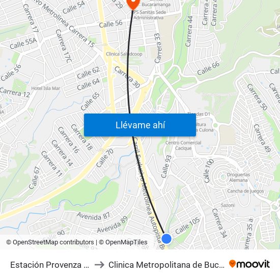 Estación Provenza Oriental to Clinica Metropolitana de Bucaramanga map