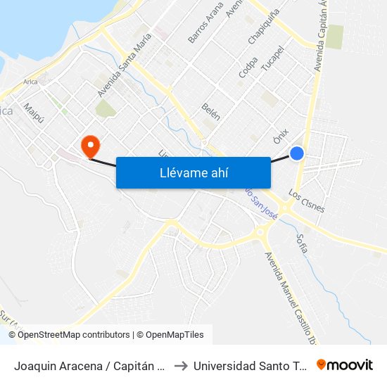 Joaquin Aracena / Capitán Ávalos to Universidad Santo Tomás map