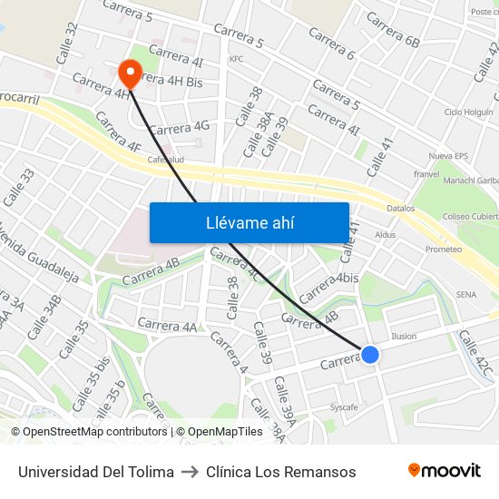 Universidad Del Tolima to Clínica Los Remansos map