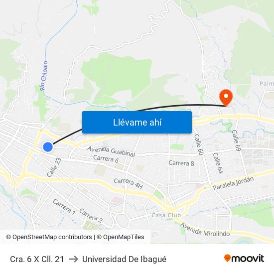 Cra. 6 X Cll. 21 to Universidad De Ibagué map