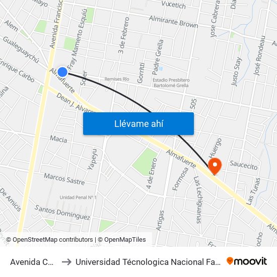Avenida Churruarín, 50 to Universidad Técnologica Nacional Facultad Regional Paraná (Utn Frp) map