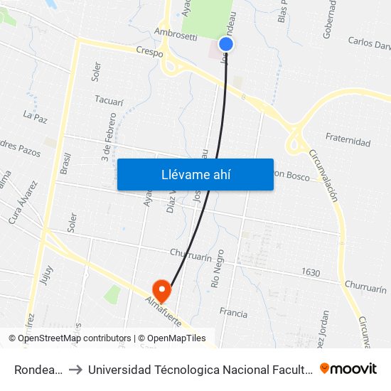 Rondeau, 2682 to Universidad Técnologica Nacional Facultad Regional Paraná (Utn Frp) map