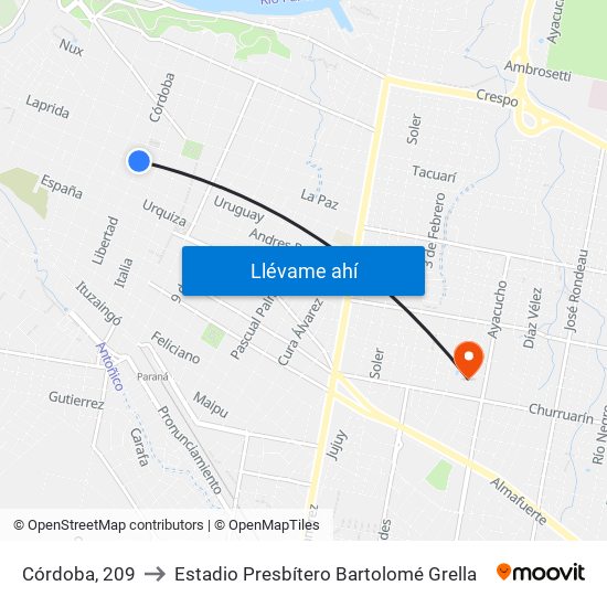 Córdoba, 209 to Estadio Presbítero Bartolomé Grella map