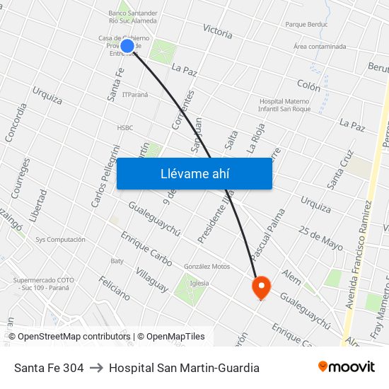 Santa Fe 304 to Hospital San Martin-Guardia map