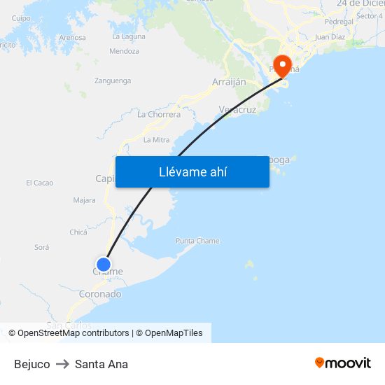Bejuco to Santa Ana map