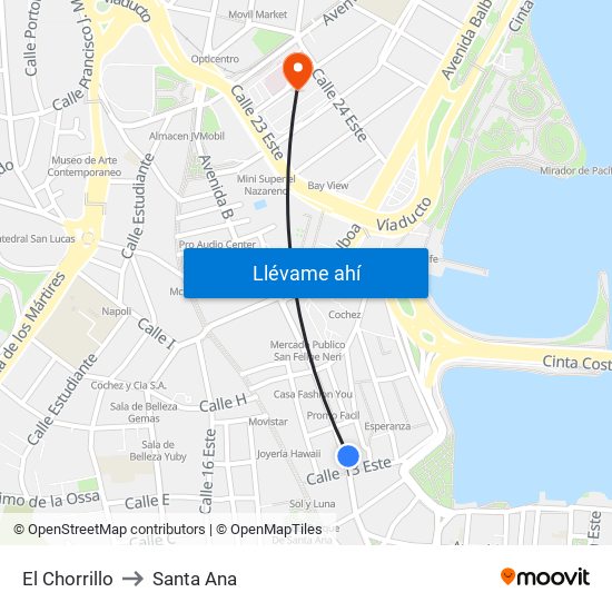El Chorrillo to Santa Ana map