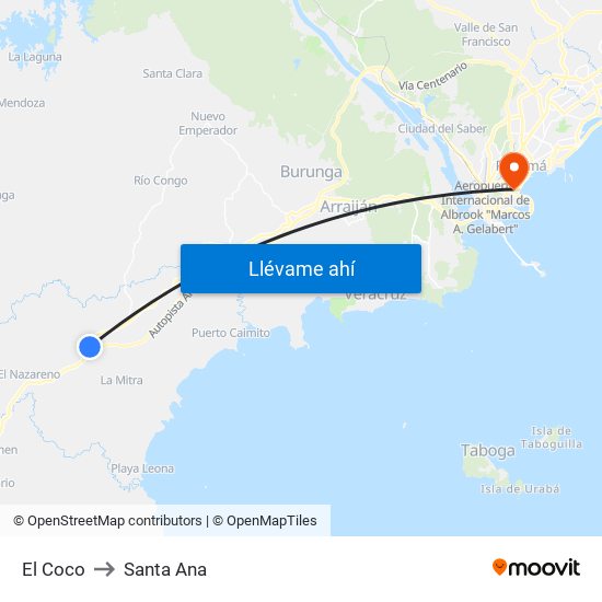 El Coco to Santa Ana map